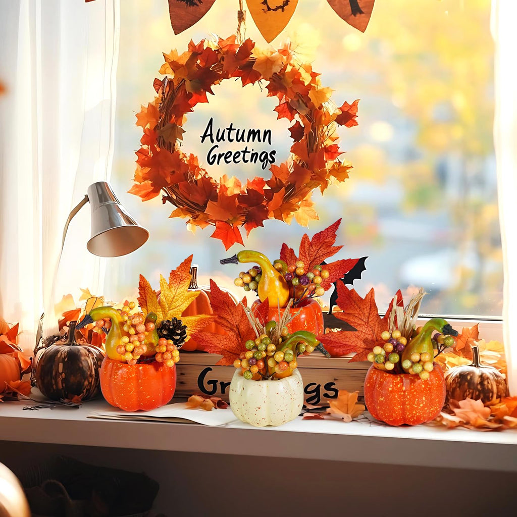 Set of 6 Artificial Pumpkins Decorations, Decorative Orange Pumpkin with Maple Berry Acorn Pine Cone Vegetables for