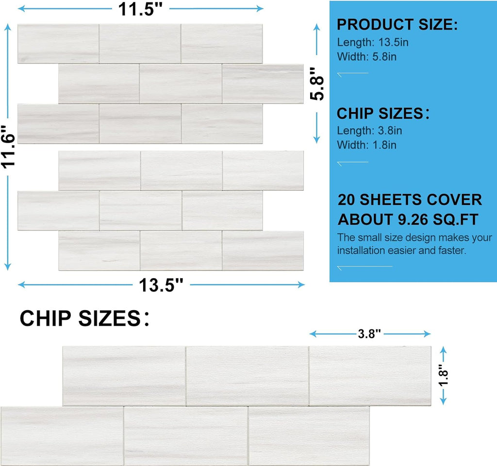 Peel and Stick Backsplash, 20-Sheet Peel and Stick Wall 13.5" x 5.8" PVC Subway Tile Stick on Backsplash Fireplace