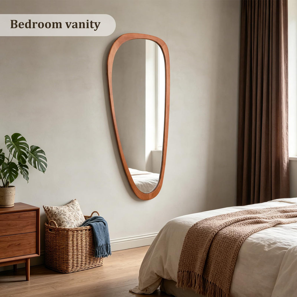 48" H x 22" W Asymmetrical Mirror, Irregular Wooden Wall Mirror Full Length - Boho Mid-Century Modern Decorative