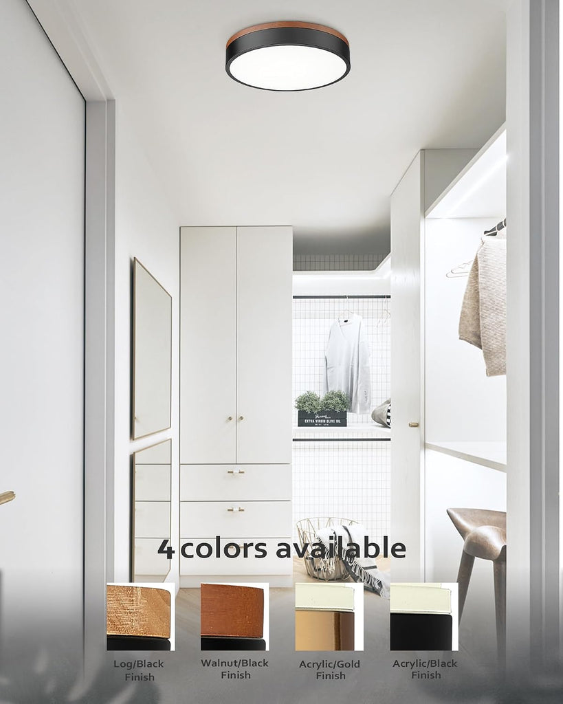 12" Modern Flush Mount Ceiling Light,Deep Wood and Black,1 PK | Close to Ceiling,5CCT 24W Dimmable LED,Bright Light