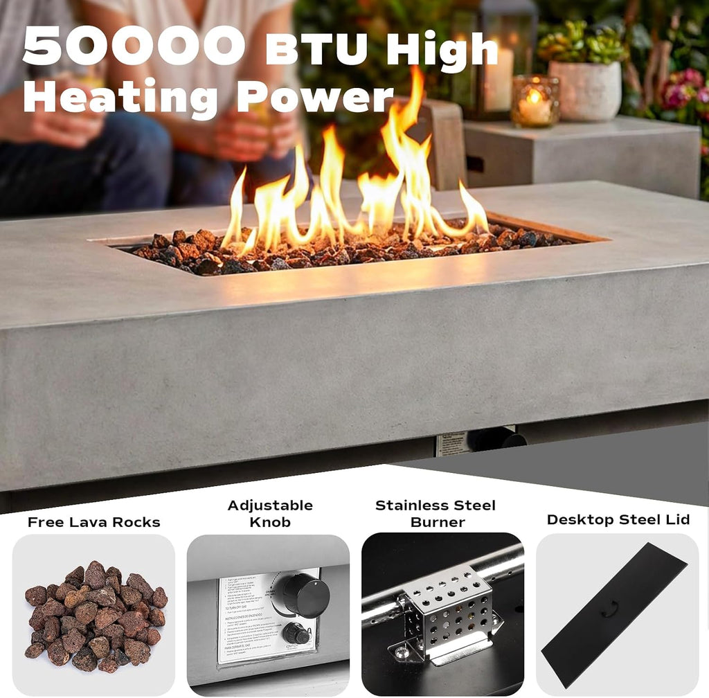 60-inch Outdoor Propane Fire Pit Coffee Table with Tank Cover, 50,000 BTU Concrete Rectangle Modern Outside Fire