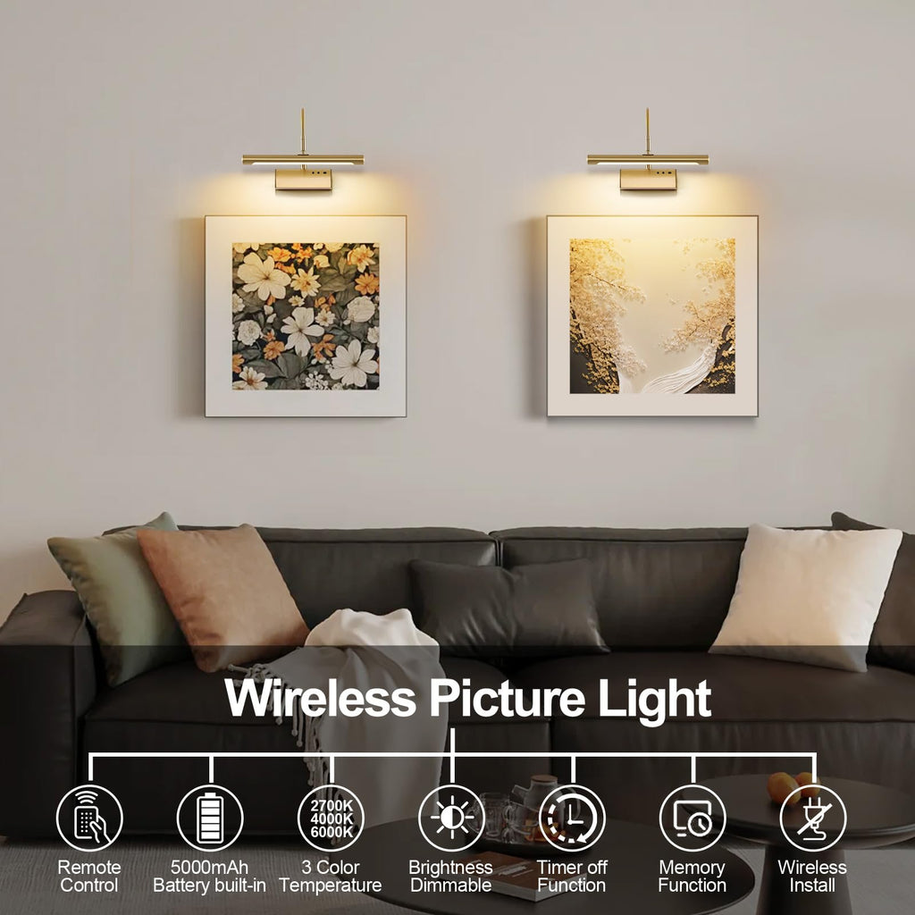 Wireless LED Picture Light, Coredless Art Lighting for Wall, Brass Battery Frame Light with Remote, 3 Color Tone &