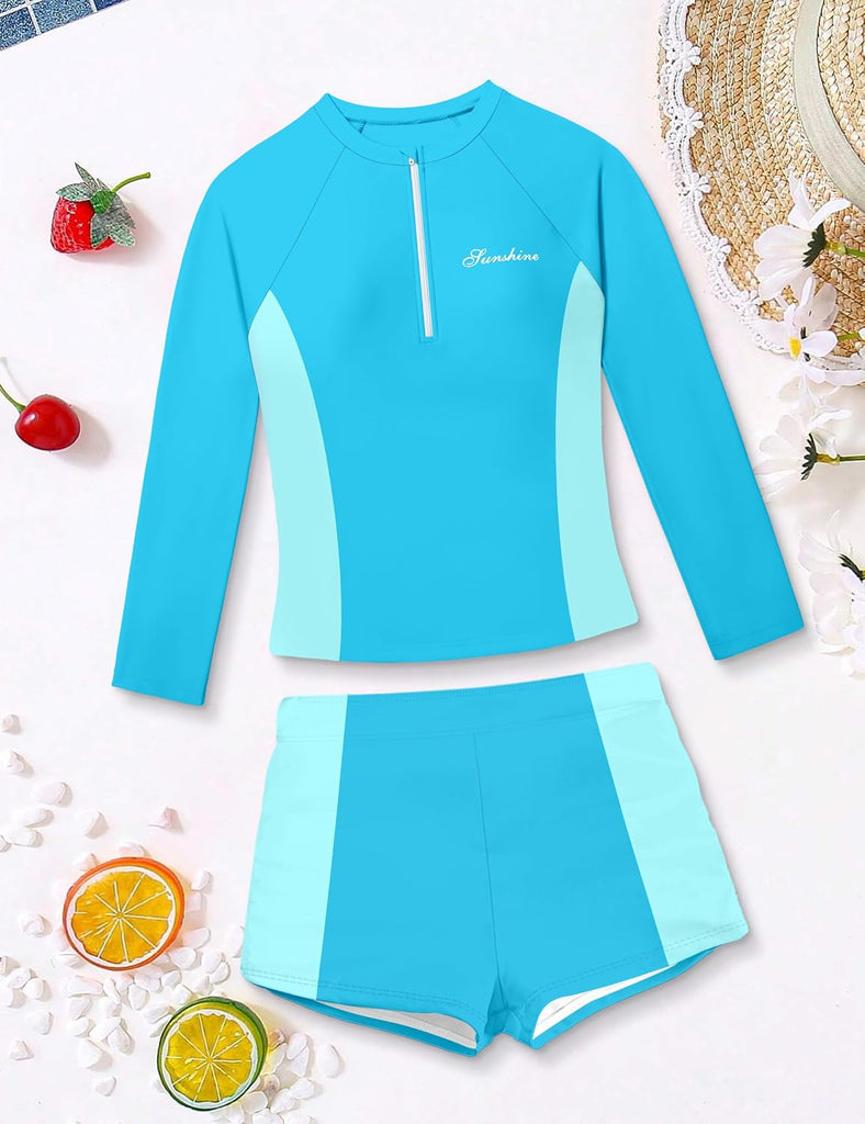 Girls Rash Guard Swimsuit Two Piece Set Colorblock Long Sleeve Bathing Suit UPF50+Sun Protection Swim Suits