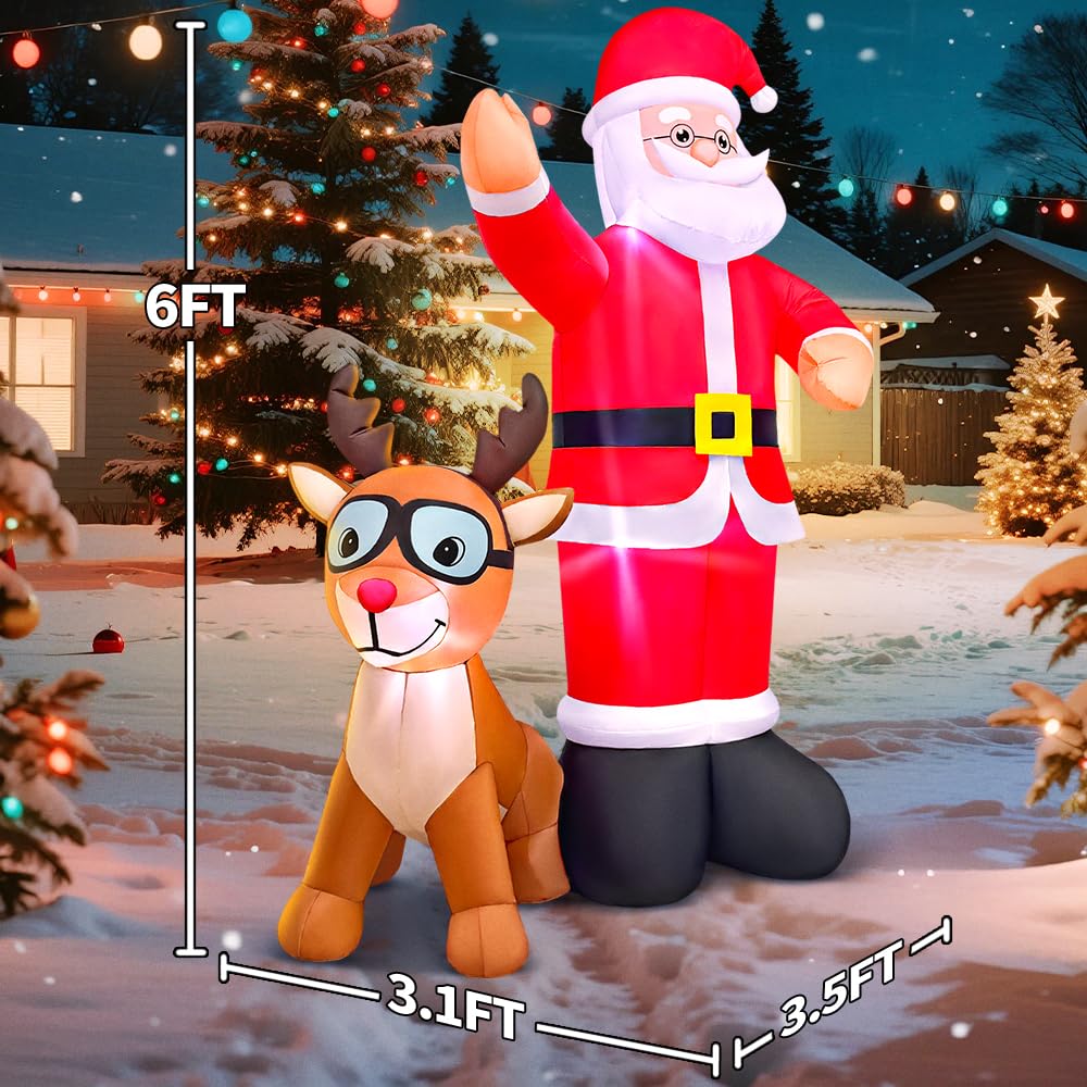 6FT Christmas Inflatables Santa Claus and Reindeer Blow Up Santa Deer Elk Yard Decorations with LED Light Up for Xmas