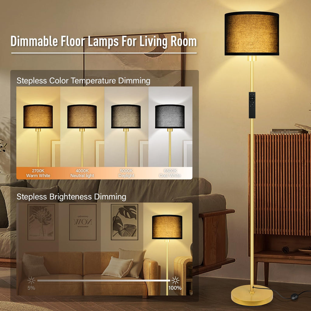 Gold Floor Lamps, Stepless Dimmable Floor Lamp with Remote, Colors Temperature & Brightness