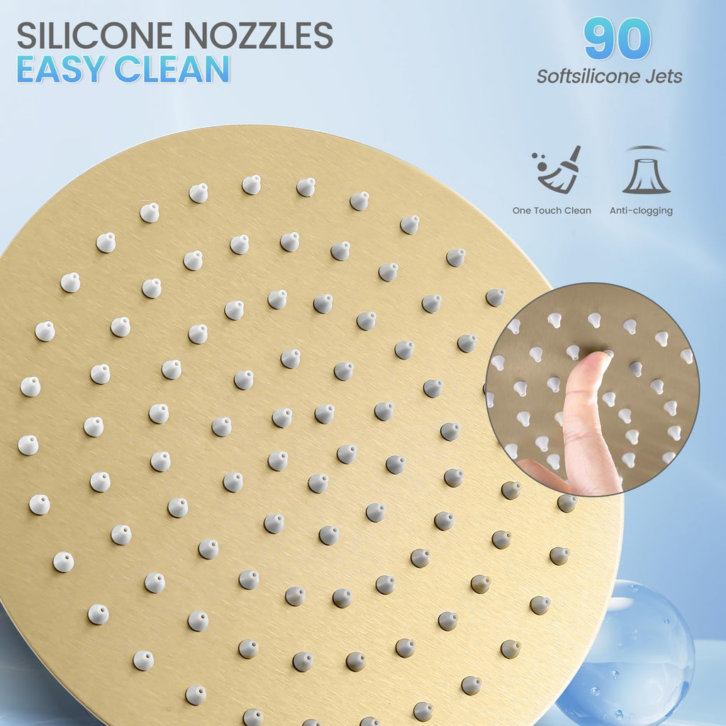 Brushed Gold Round Rainfall Shower Head, All Metal Stainless Steel Rain Shower Heads with 90 Anti-Clog Silicone