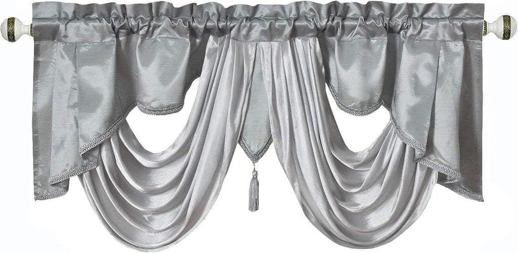 Valarie Fancy Window Valance. 54 x 18. Taffeta Fabric with Soft Satin Swag. Add Some Royal luxruy Accent to Your