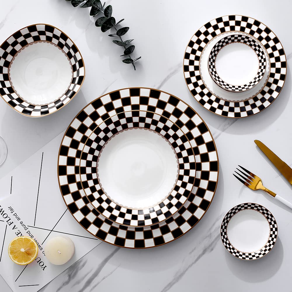 Checker Pattern 20-piece Round Dinnerware Set for 4, Porcelain Dinner Sets