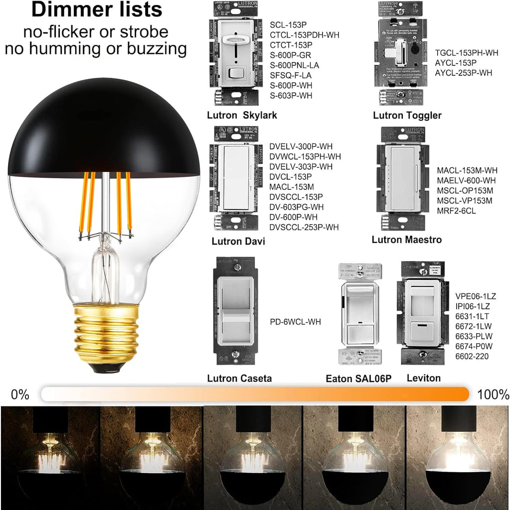 Half Chrome Light Bulb,6W (60W Equivalent) Dimmable LED Edison Bulbs,G80/G25 Globe Shape Decorative,Half Black