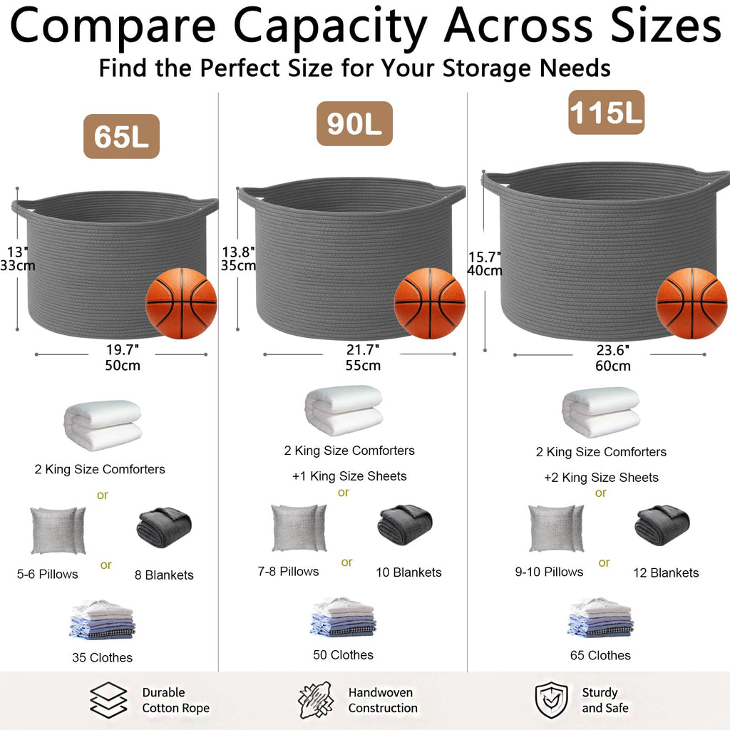 90L Extra Large Blanket Basket,Woven Rope Laundry Basket-Dark Grey