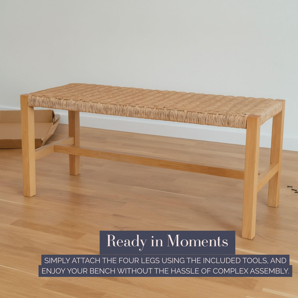 Newport Solid Wood Entryway Bench with Woven Rope Seat, Light