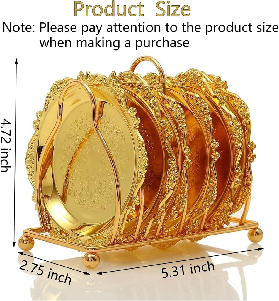 Collection Gold Coaster Creative Drink Coasters with Decorative Rack Non-Slip Metal Cup Mats Tabletop Display - Set of 6