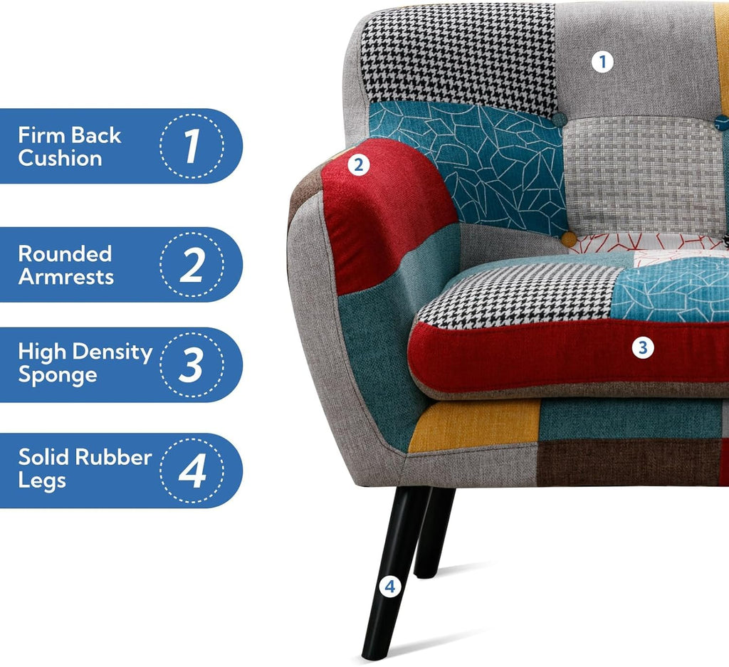 Modern Colorful 3 Piece Coroful Fabric Sofa Set, Included 2 Accent Chairs and 1 Boho Loveseat Linen Patchwork Plaid