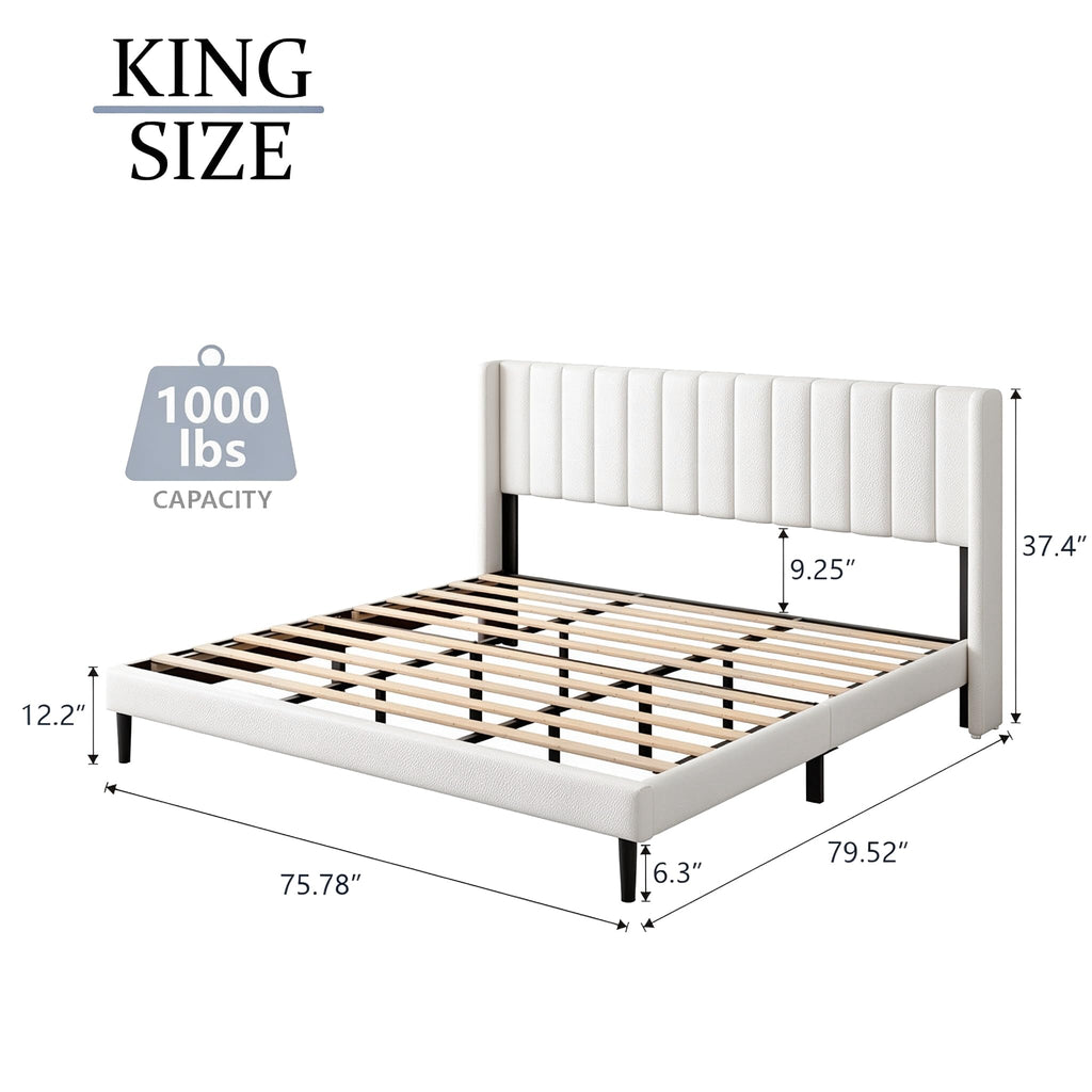 King Size Bed Frame with Wingback Headboard, Upholstered Platform Bed, No Box Spring Needed, Sturdy Wooden Slat