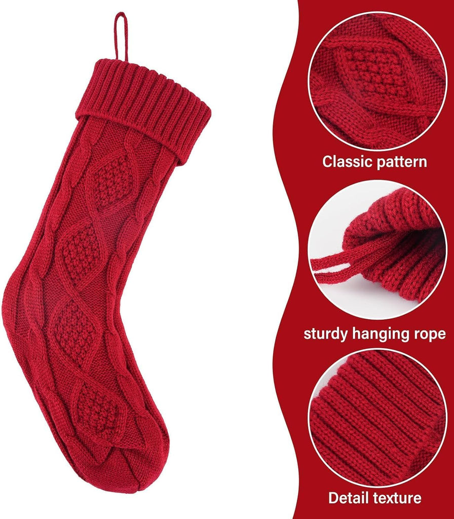 6PACK 18Inch Cable Knitted Christmas Stockings, Personalized Hanging Stockings, and Family Home Decor in Red, White