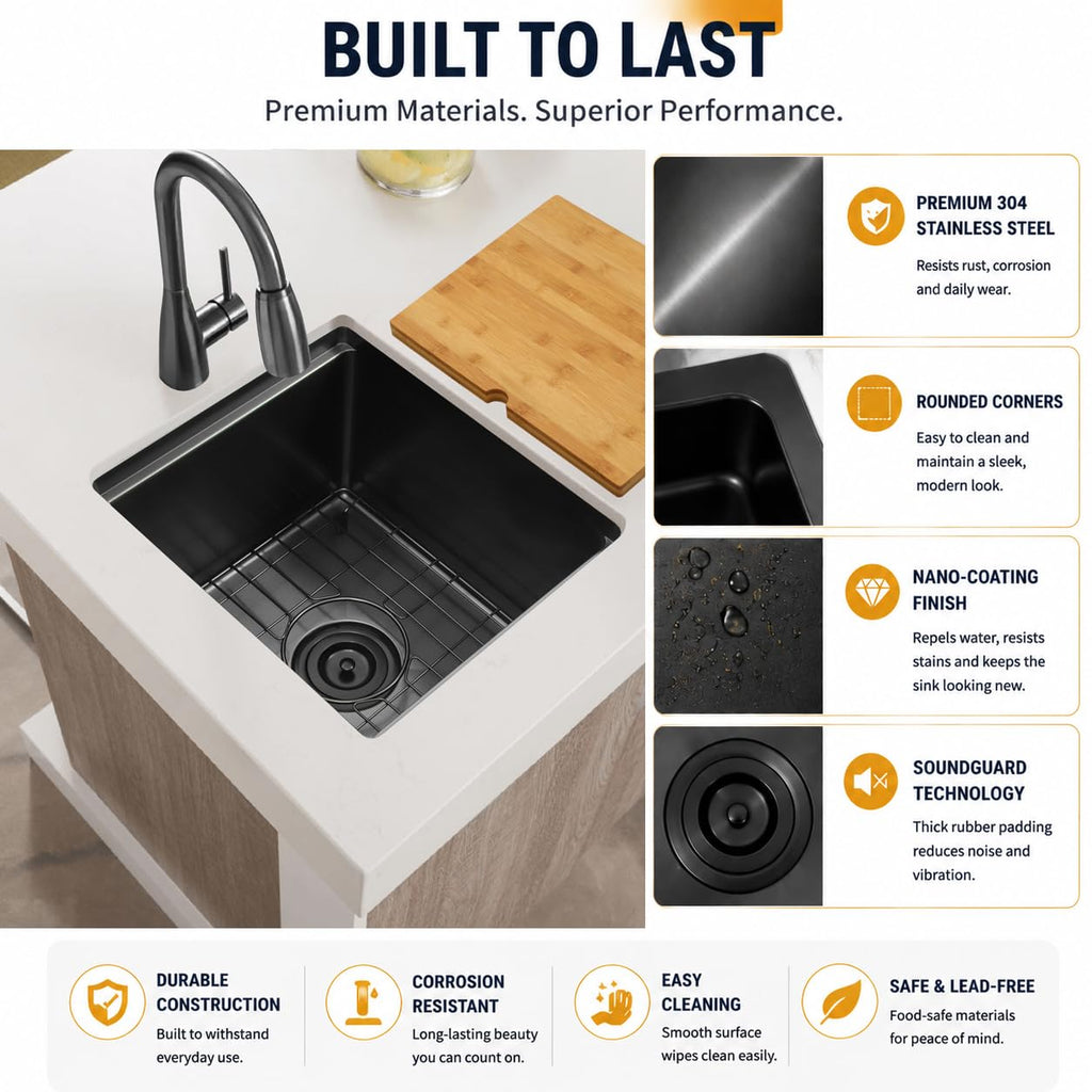 15x17 Black Undermount Bar Sink, 16 Gauge T304 Stainless Steel Sink