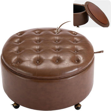 29" Round Storage Ottoman with Reversible Tray, Faux Leather Tufted Coffee Table, Foot Rest Stool with Lockable