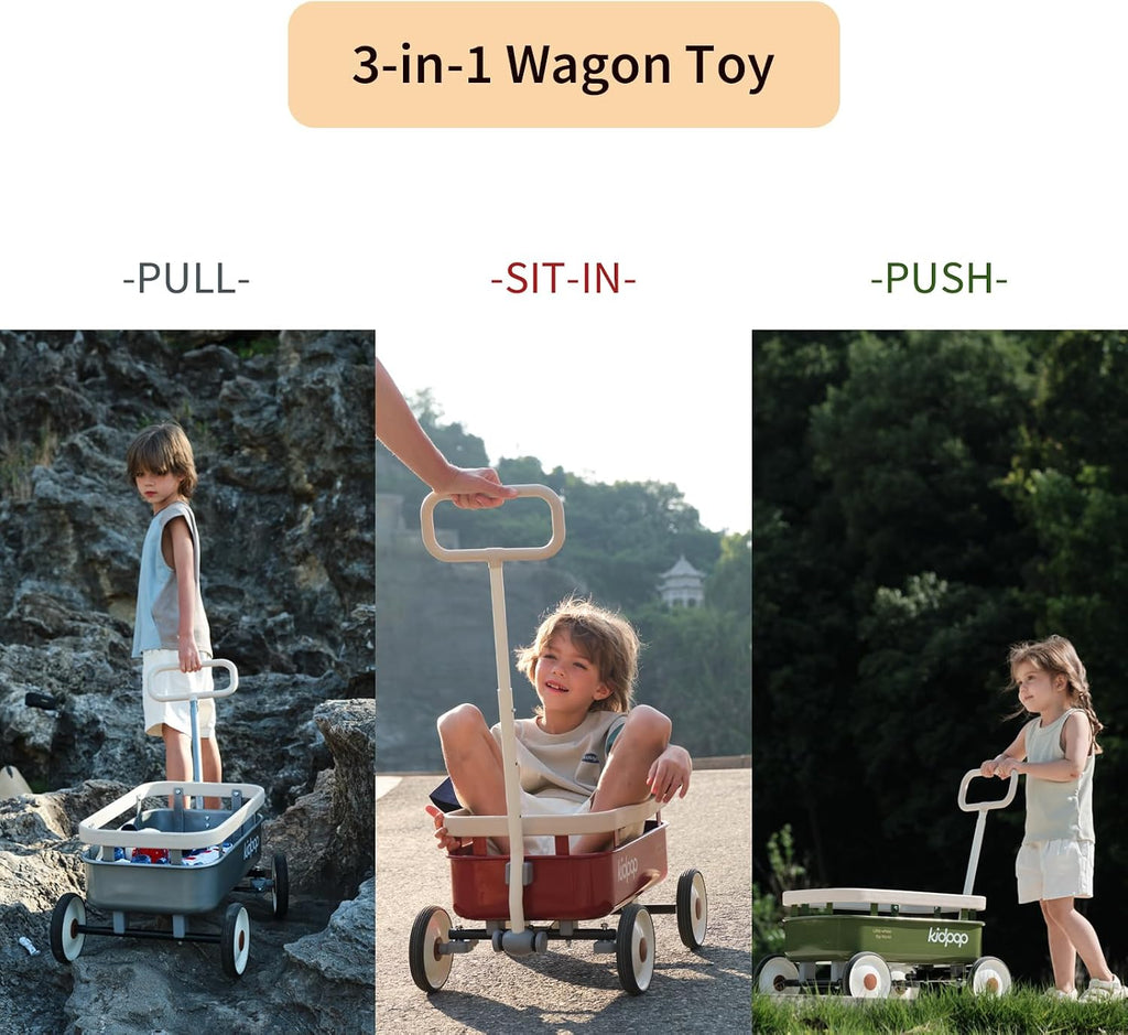PULA-Wild in-1 Kids' Pull-Along Wagon Toddlers Push Walker for 2.5-8, Removable Wooden Cover and Adjustable