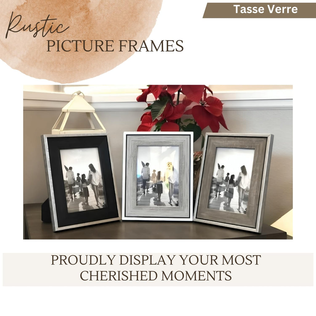 6x8 Rustic Frames - (3-Pack) Distressed Farmhouse Industrial Frame - Ready to Hang or Stand - Built-in Easel - Silver