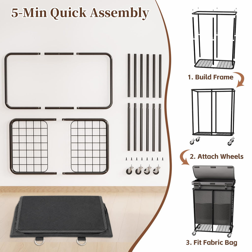 Hamper with Wheels and Lid, 225L Large Rolling Laundry Basket Gray