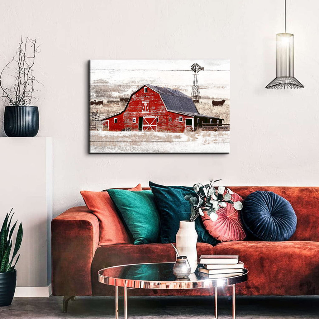 Red Old Barn Wall Art Country Windmill Wall Decor Rustic Farmhouse Landscape Picture Canvas Prints Kitchen, Vintage