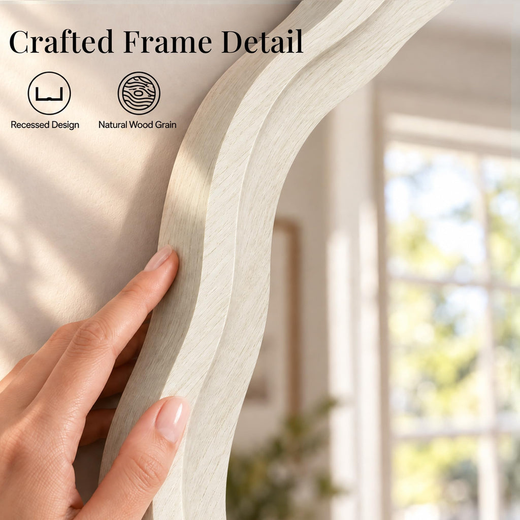 24 Inch Washed White Scalloped Round Bathroom Mirror, Wood Frame