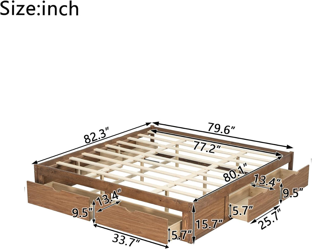 Japanese King Wood Bed Frame with 6 Storage Drawers