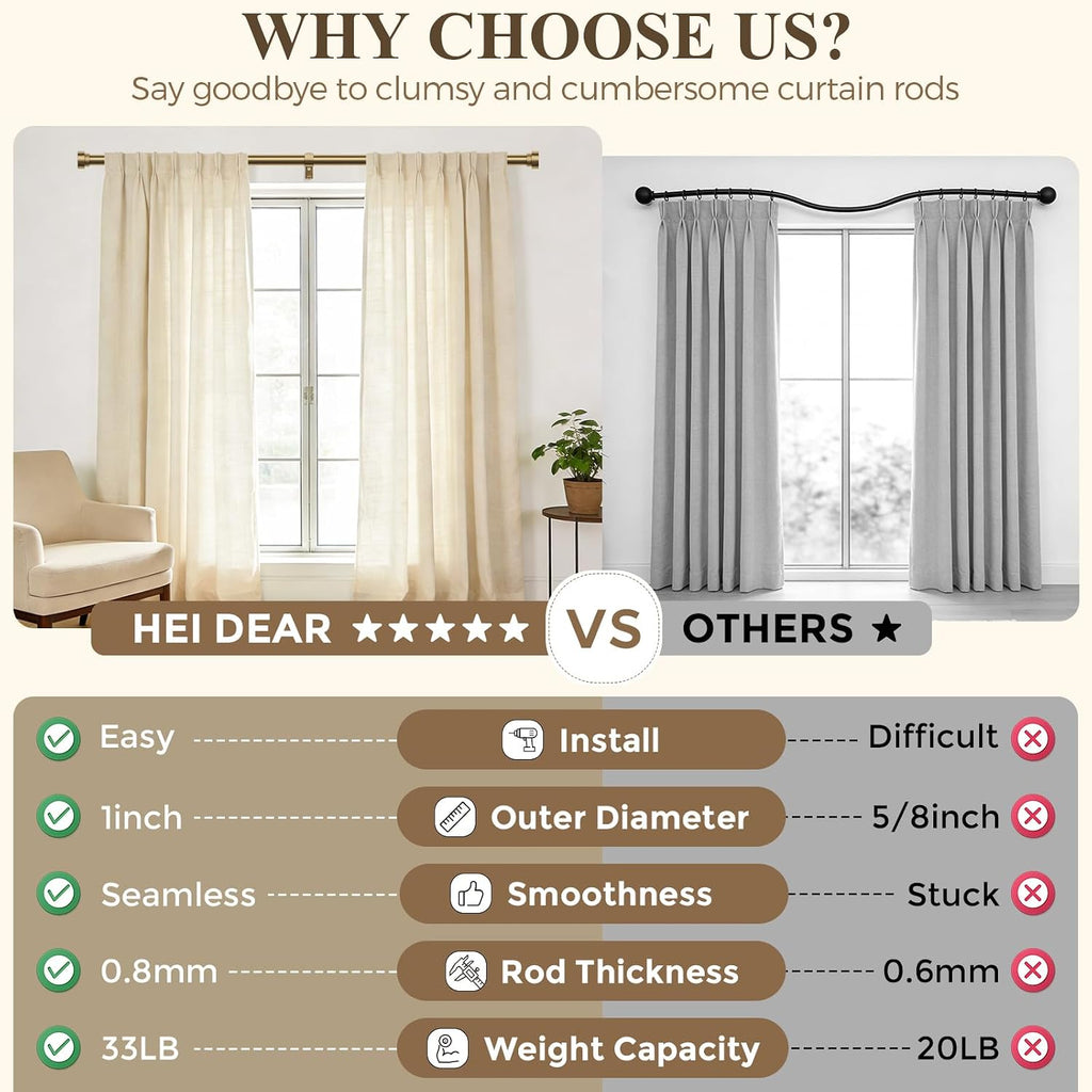 Brass Gold Curtain Rod 36 to 144 Inch, Brushed Warm Gold 1" Adjustable Long Heavy Duty Curtain Rods for Windows