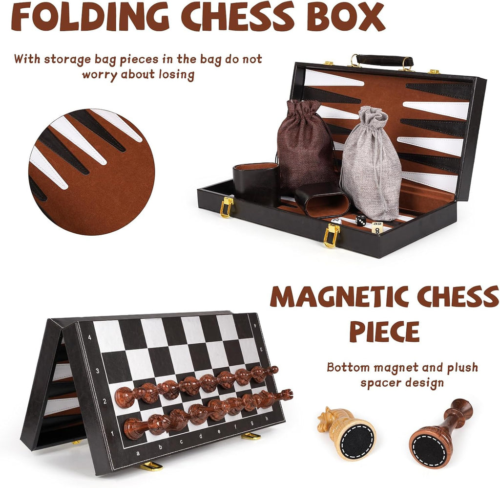 3 in 1 Magnetic Chess Set & Checkers Backgammon Board Game Set, 15" Wooden Folding Chess Board, Tournament Portable