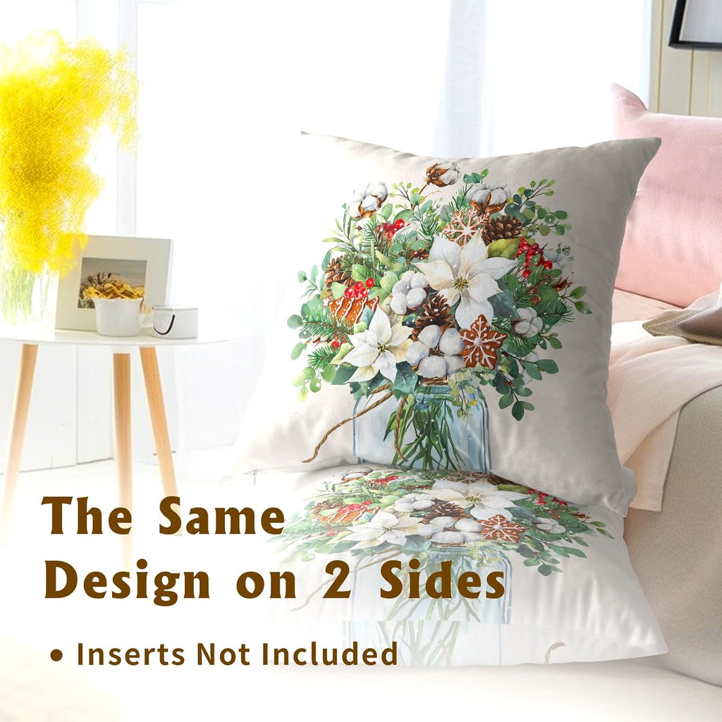 Winter Floral Bouquet Throw Pillow Covers 18x18 Inch 2 Packs Christma Poinsettias Pinecones Pillowcase Holly Berries - Set of 2