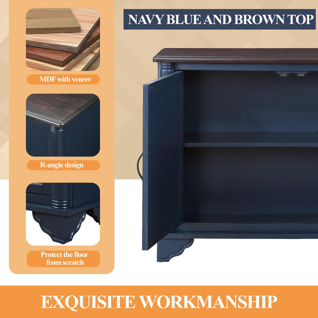 40" Sideboard Buffet Accent Storage Cabinet with Carved Pattern Side Board Solid Wood Frame (Blue+Brown)