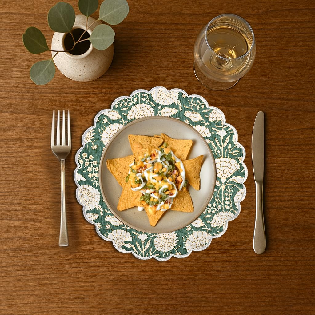 Floral Block Print Round Placemats 15 Inch, Set of 4, Moss Green