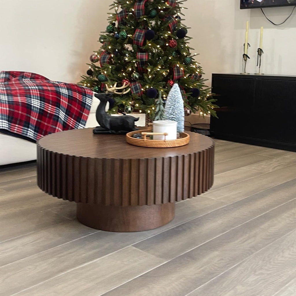 31.49" Walnut Round Wood, Modern Unique Fluted Tea Table, Contemporary Drum Circle Accent Center Table, Small Space