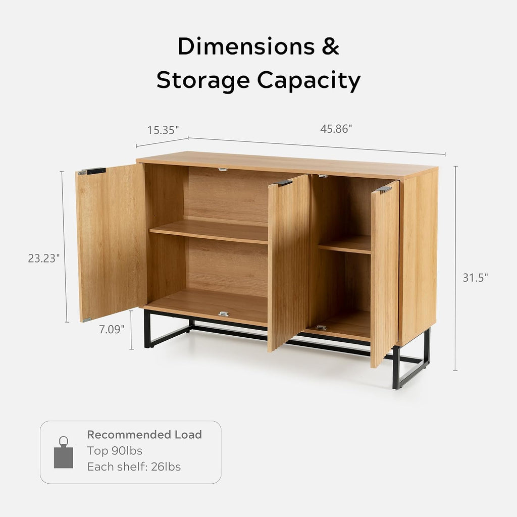 Fluted Storage Cabinet with 3 Doors, Sideboard Buffet Cabinets, Modern Accent Cabinets with Adjustable Shelves
