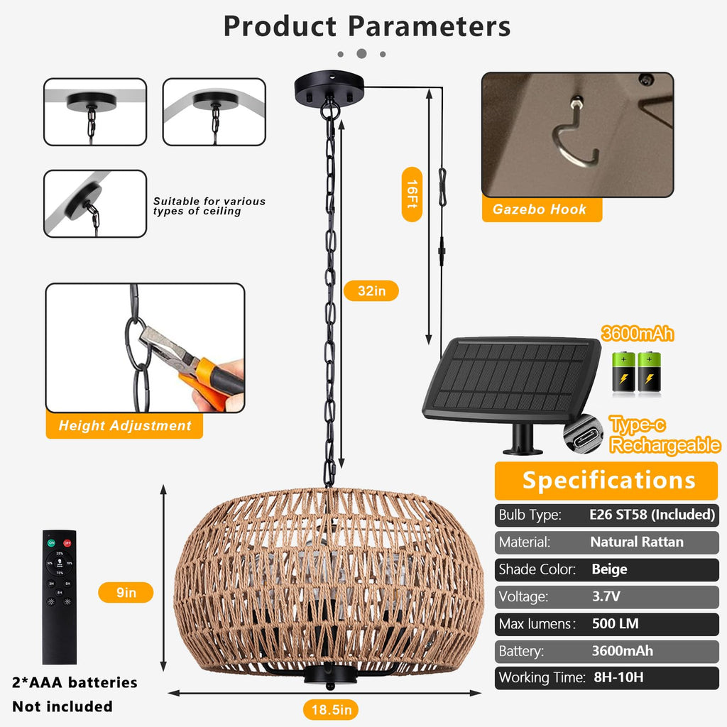 Outdoor Solar Chandelier, 4-Light 19" Rattan Outdoor Chandelier, Hanging Pendant Lights, Waterproof, for Gazebo