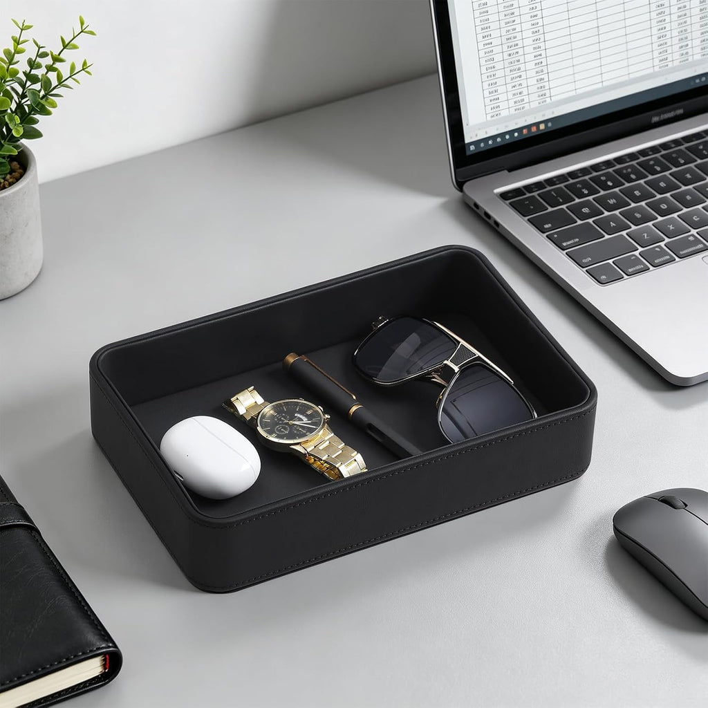 Valet Tray for Men, PU Leather Catchall Tray Nightstand Organizer