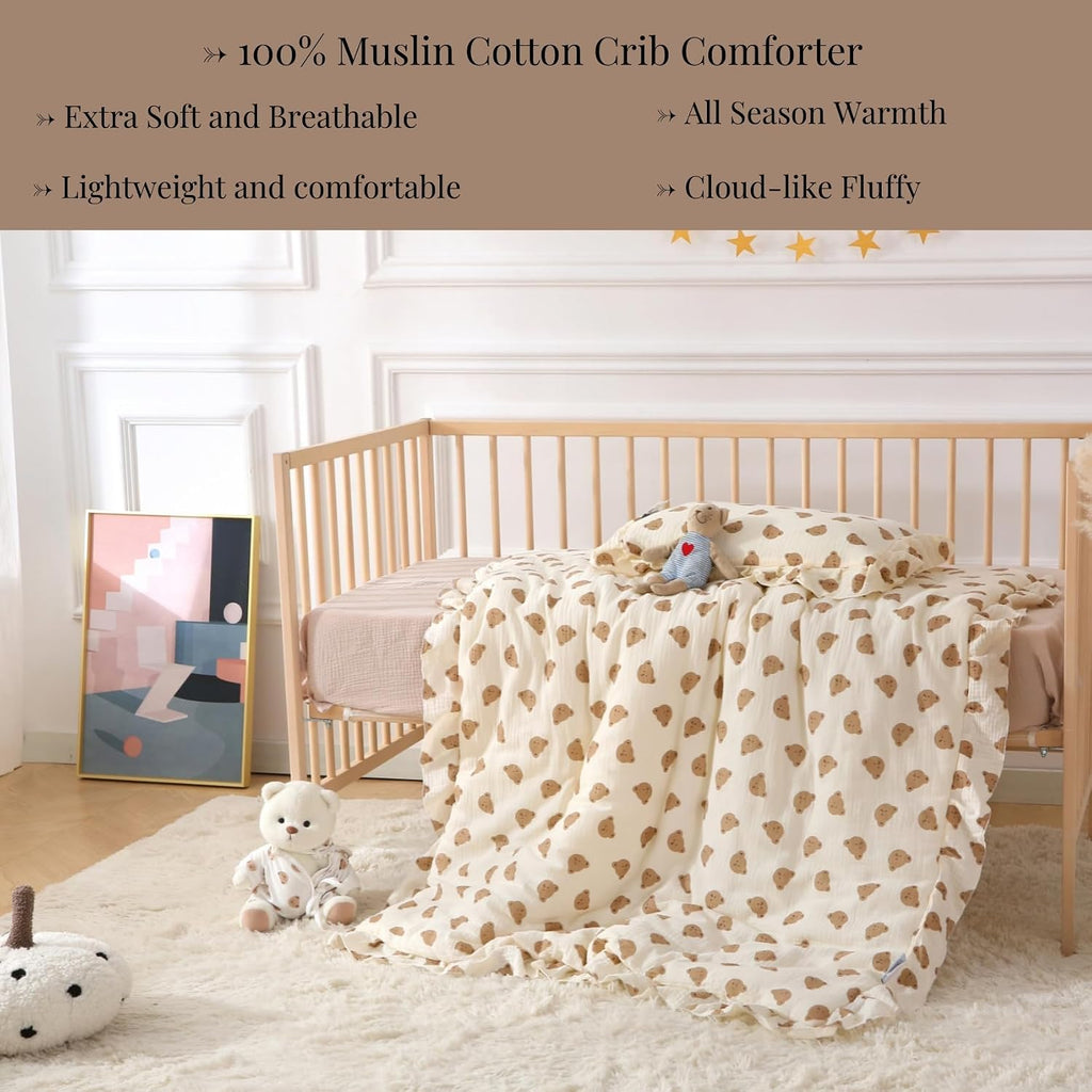 100% Cotton Muslin Crib Comforter/Quilt,Ultra Soft Cozy Reversible Baby Blanket,All Season Toddler Blankets for Boys