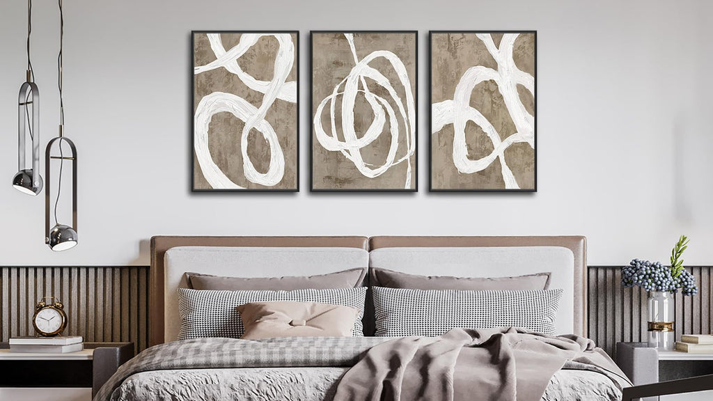 Framed Boho Wall Art Decor - Abstract Brown and White Line Painting Prints 32"x48" Set of 3 Modern Geometric Pictures
