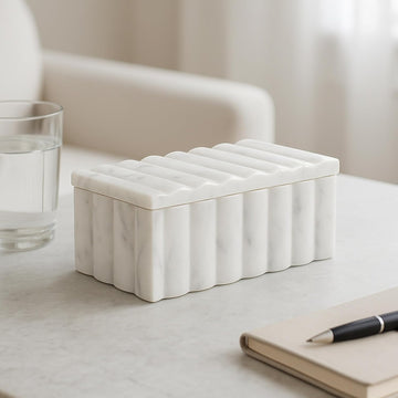 Marble Decorative Storage Box with Lid - Sculpted Fluted Home Organizer Keepsake Boxes for Jewelry - Chic Decorative