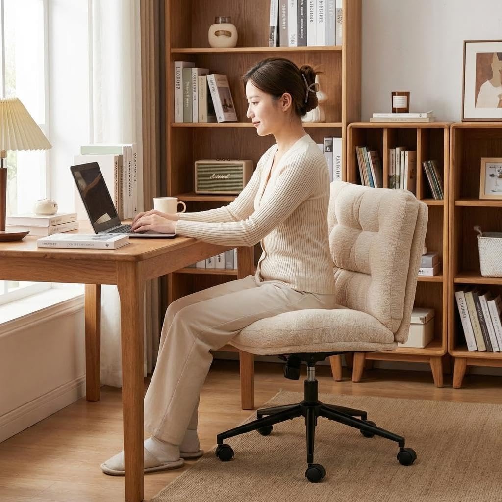Home with Wheels, Armless Vanity Desk Chair in Soft Chenille Fabric, Double Cushion Wide Seat, Swivel Height
