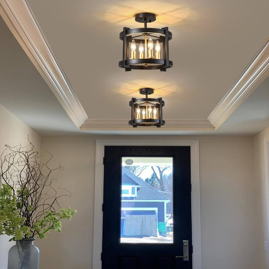 4-Light Semi Ceiling Light Flush Mount BK+GD Farmhouse Rustic Vintage Antique Ceiling Light Fixture Entryway Gazebo