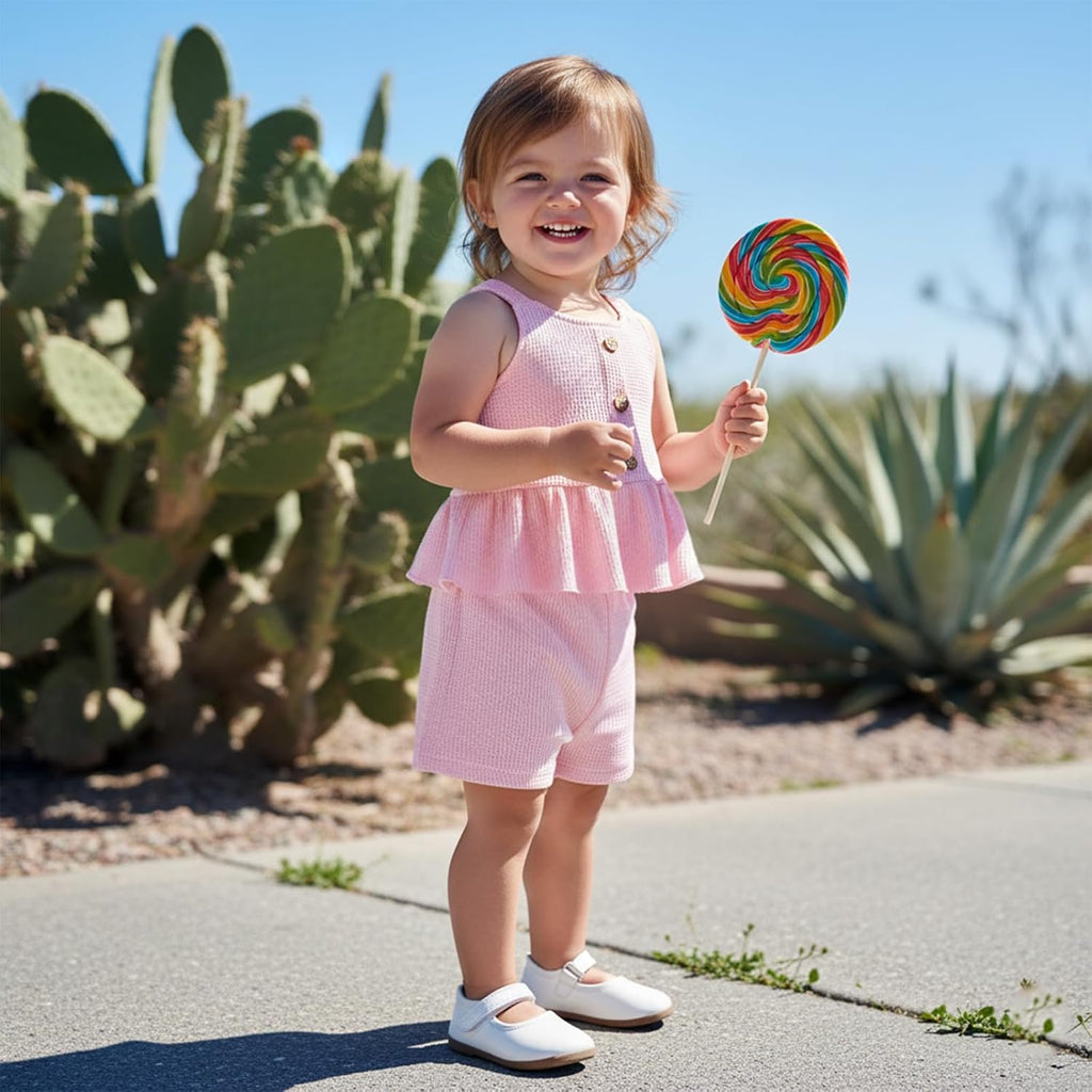 Toddler Baby Girl Summer Outfits Solid Color Waffle Sleeveless Ruffle Tank Tops Shorts Set Cute Infant Clothes