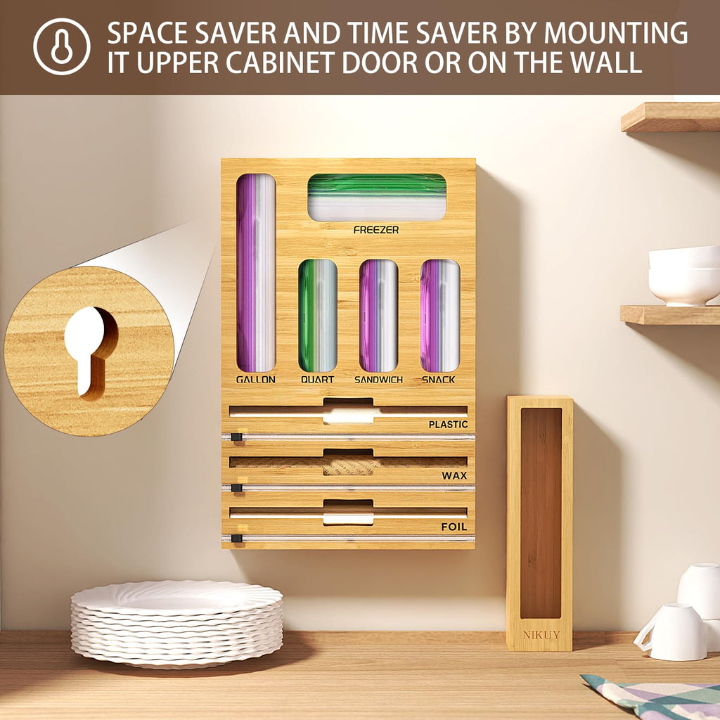 9 IN 1 Bamboo Foil and Plastic Wrap Organizer Drawer, Plastic Bag Organizer Organization and Storage, Food Storage