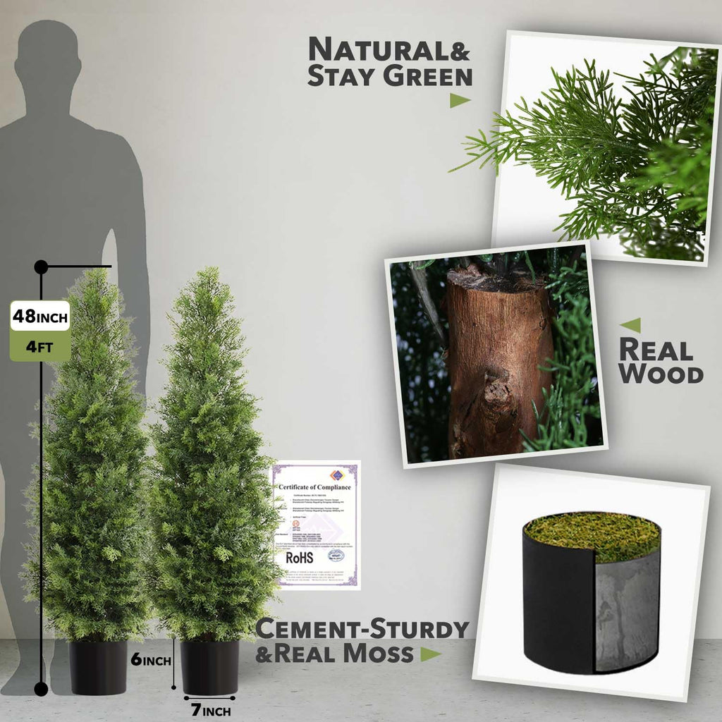 4ft Artificial Cedar Topiary Trees for Outdoor Front Porch Door, 4 Feet Faux Potted Plants Evergreen Fake Pine