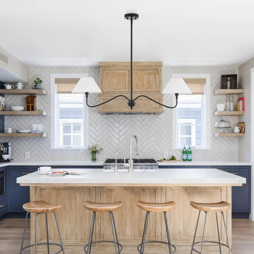 Modern Linear Chandelier Island, 2-Light Linear Light Fixture with Off-White Fabric Shade, Rustic Pendant Light