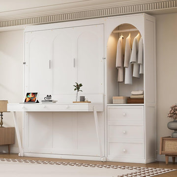 Queen Murphy Bed,Murphy Bed with Storage Shelf,LED Light Closet Rod and 3 Drawers,White