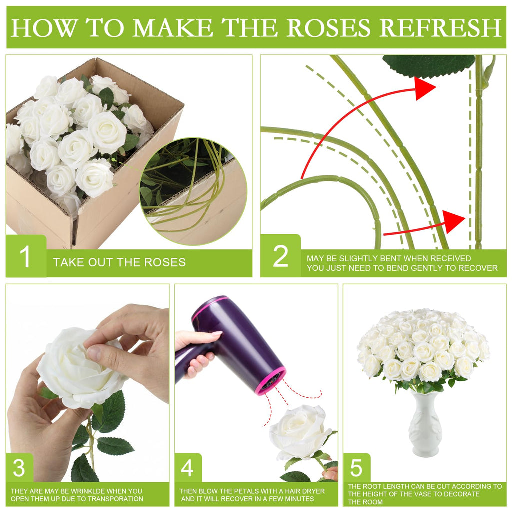 50 Pcs Artificial Roses, Realistic Silk Flowers Bulk, White