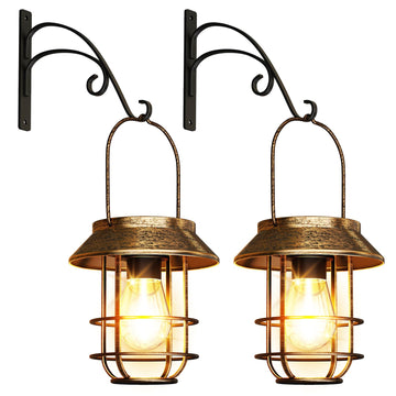 Metal Solar Lanterns, Bronze Hanging Solar Lights for Outside, 2 Pack