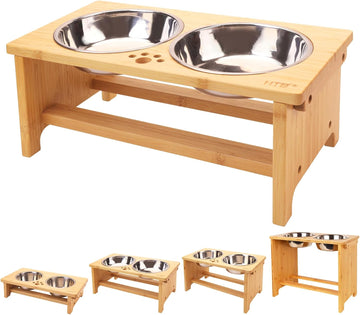 Elevated Dog Bowl Stand with 2 Stainless Steel Bowls-7" H Medium Bamboo