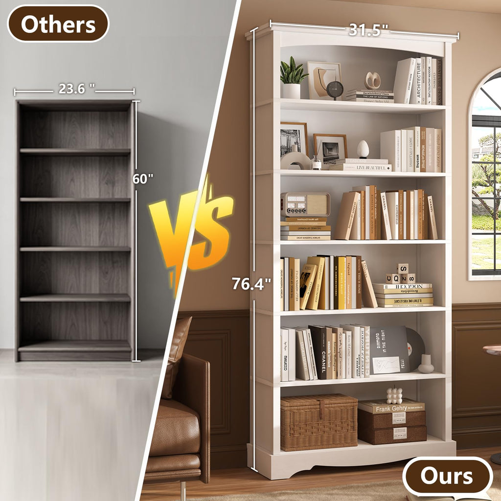 6-Tier Wooden Bookshelf, 76 Inch Tall Bookshelf with Storage, Floor Standing Modern Style Display Bookcase, Study